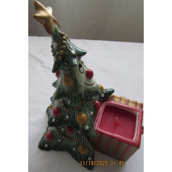 Fitz and Floyd Wee Christmas Tree ceramic with red candle candle holder smiley - Picture 9 of 10